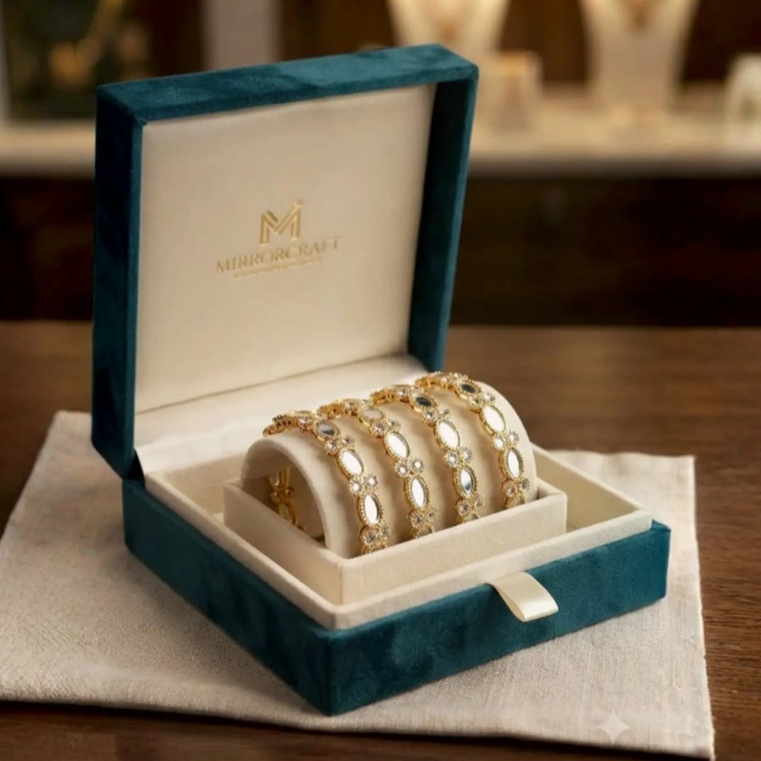 Royal Gold Plated Mirror Kundan Bangles Set - 4 Piece Traditional Indian Pakistani Churi with AD Stones